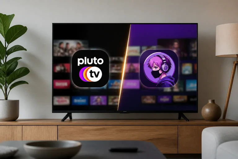 TV showing Pluto TV and anime streaming apps