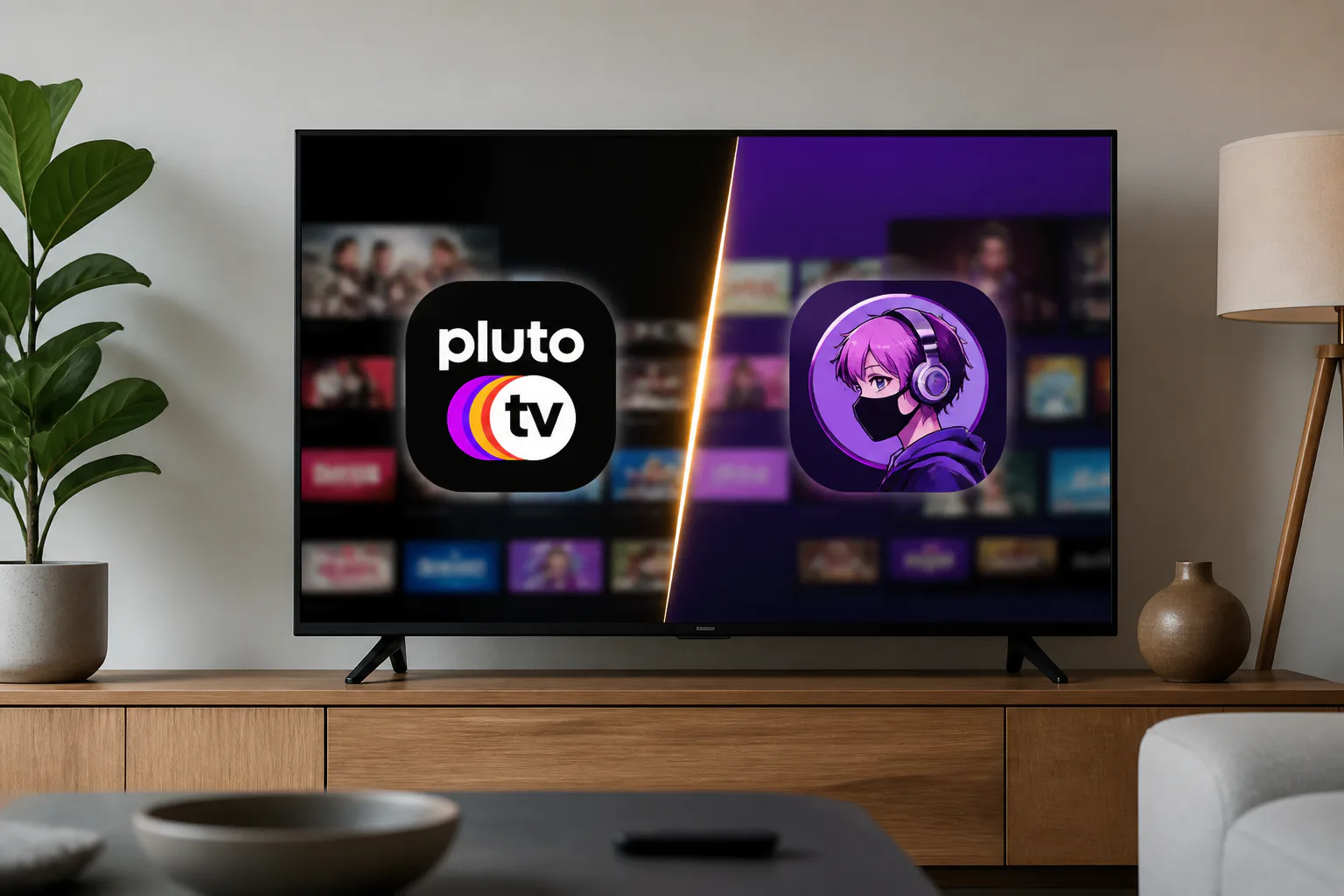 TV showing Pluto TV and anime streaming apps