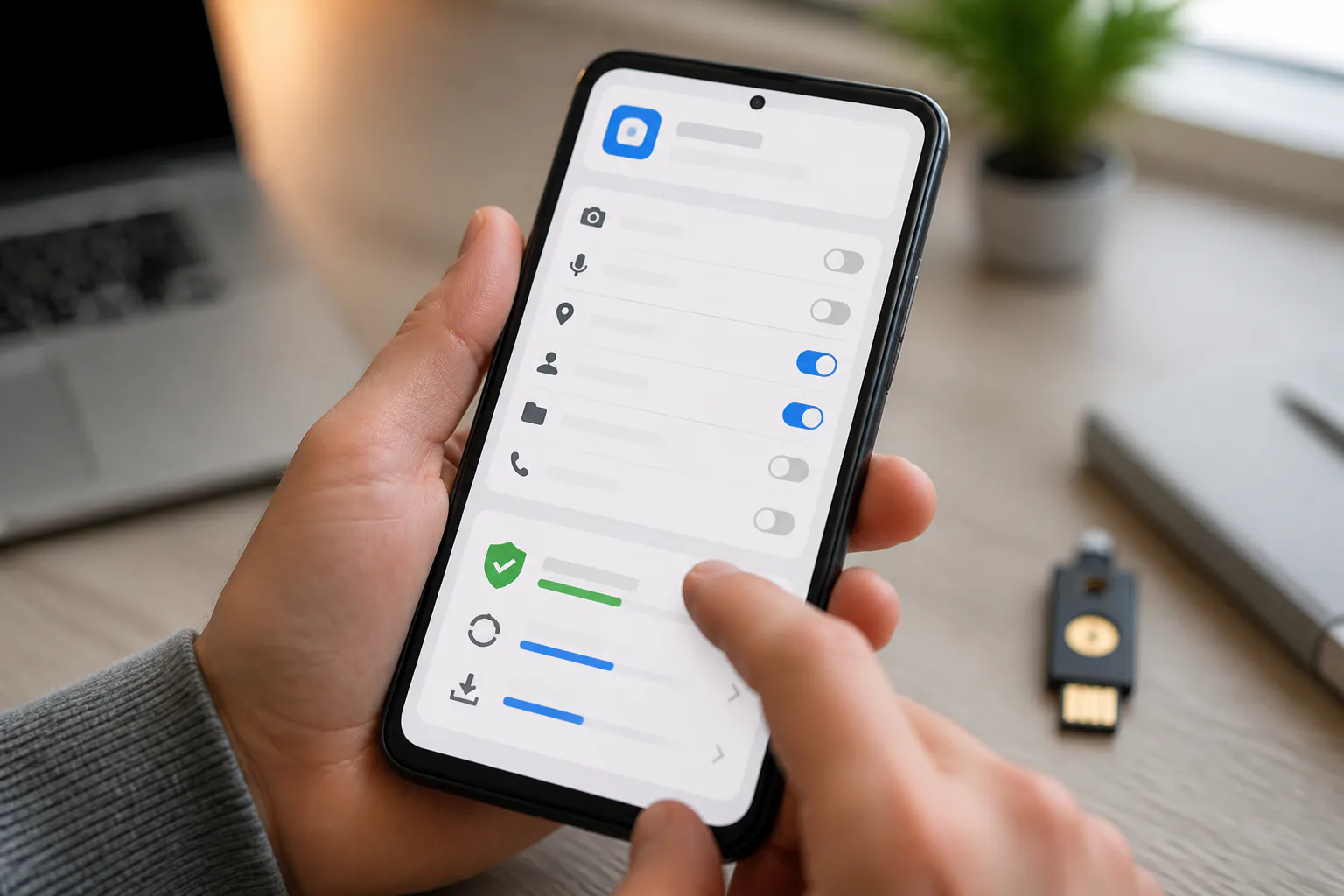 Hand holding smartphone with privacy settings
