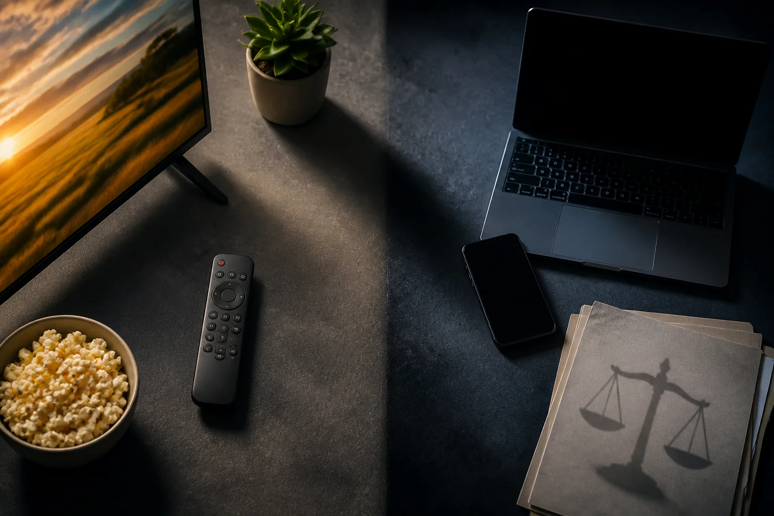Laptop, monitor, remote, phone, and popcorn