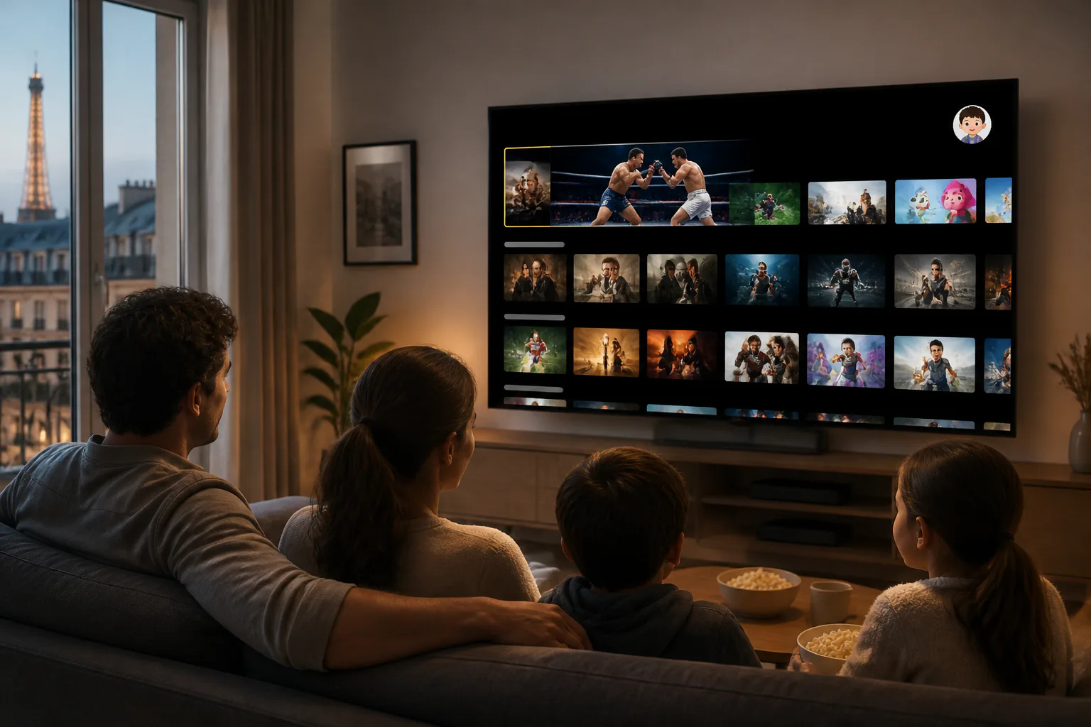 Family watching movies together at home
