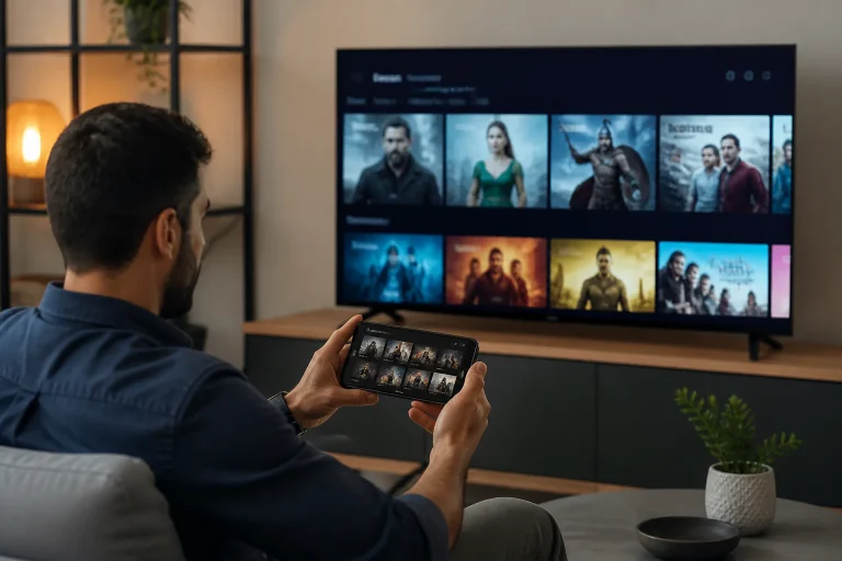 Man browsing streaming content on TV and phone