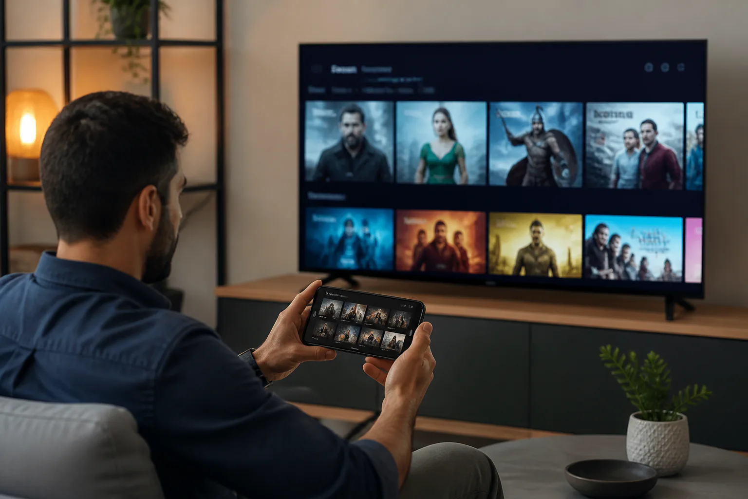 Man browsing streaming content on TV and phone