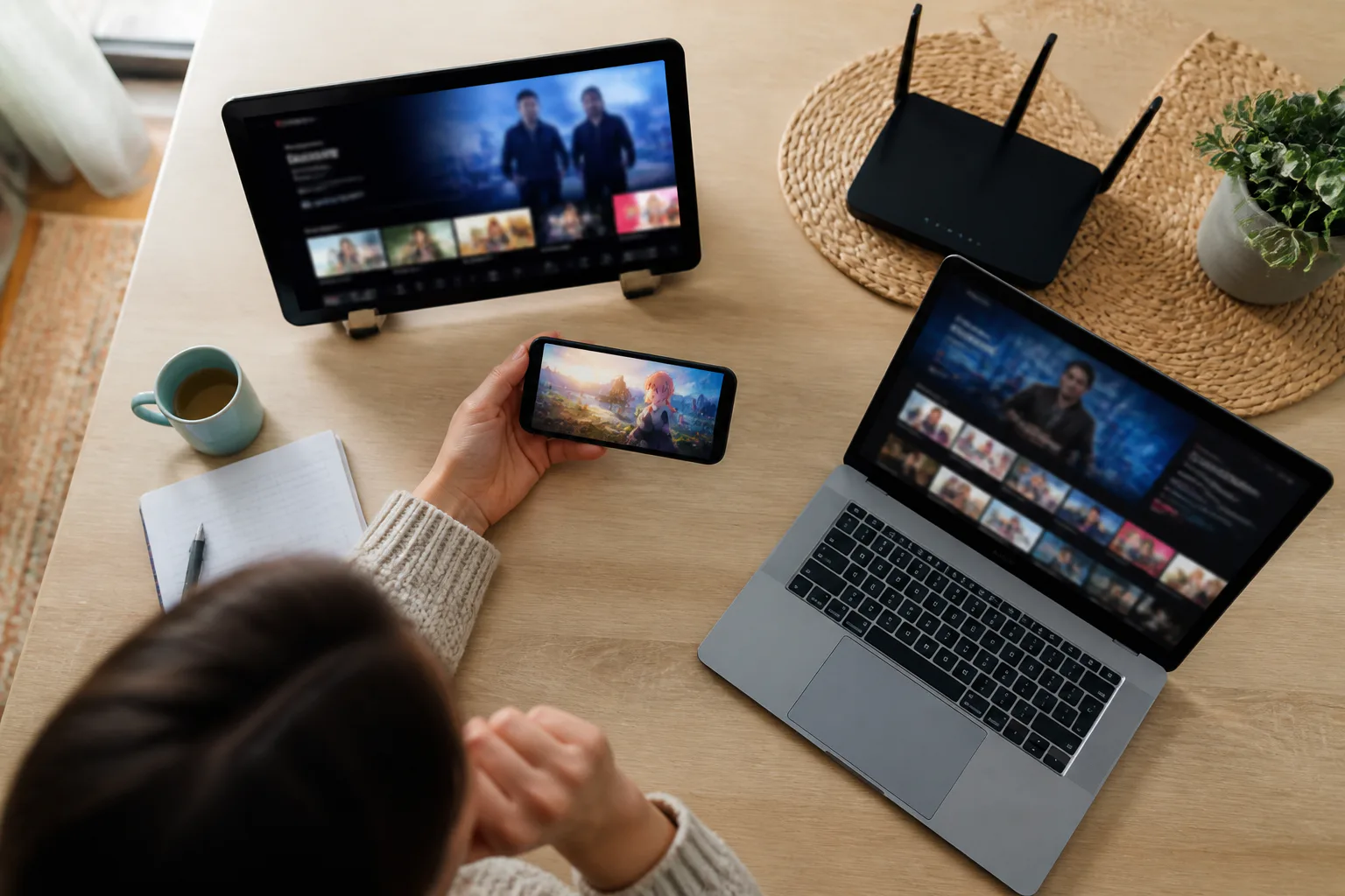 Person watching videos on multiple devices