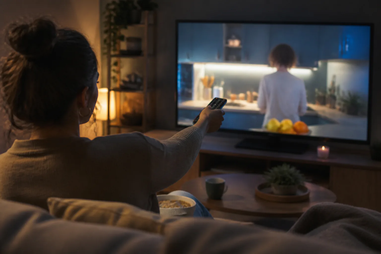 Person watching TV with a remote