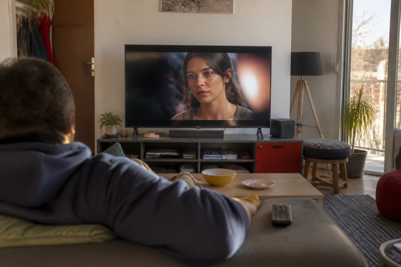 Person watching television in a living room