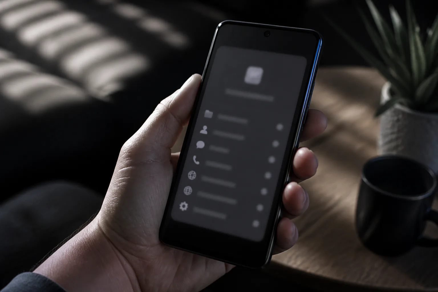 Hand holding a smartphone with blurred screen