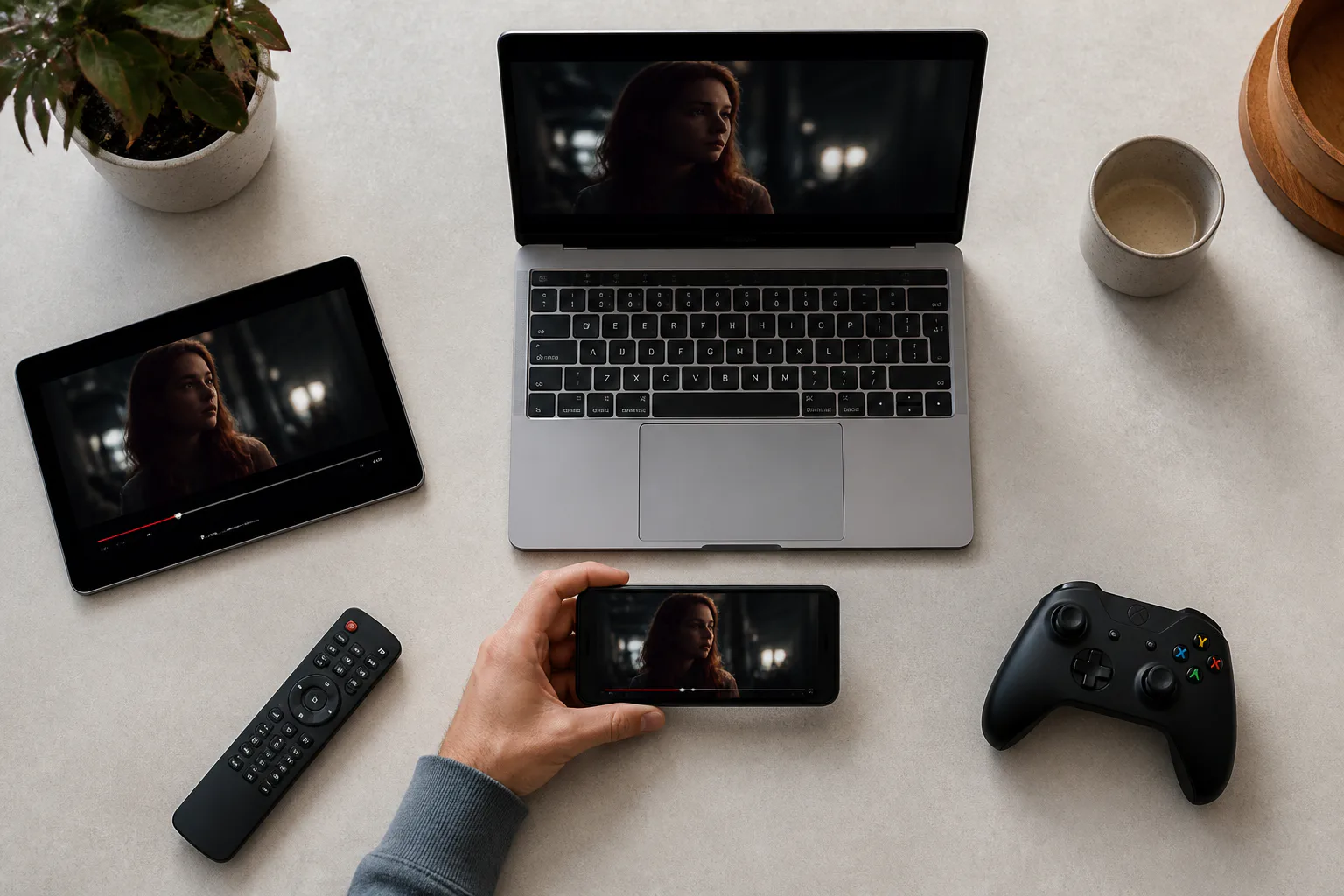 Devices streaming a movie on a tabletop
