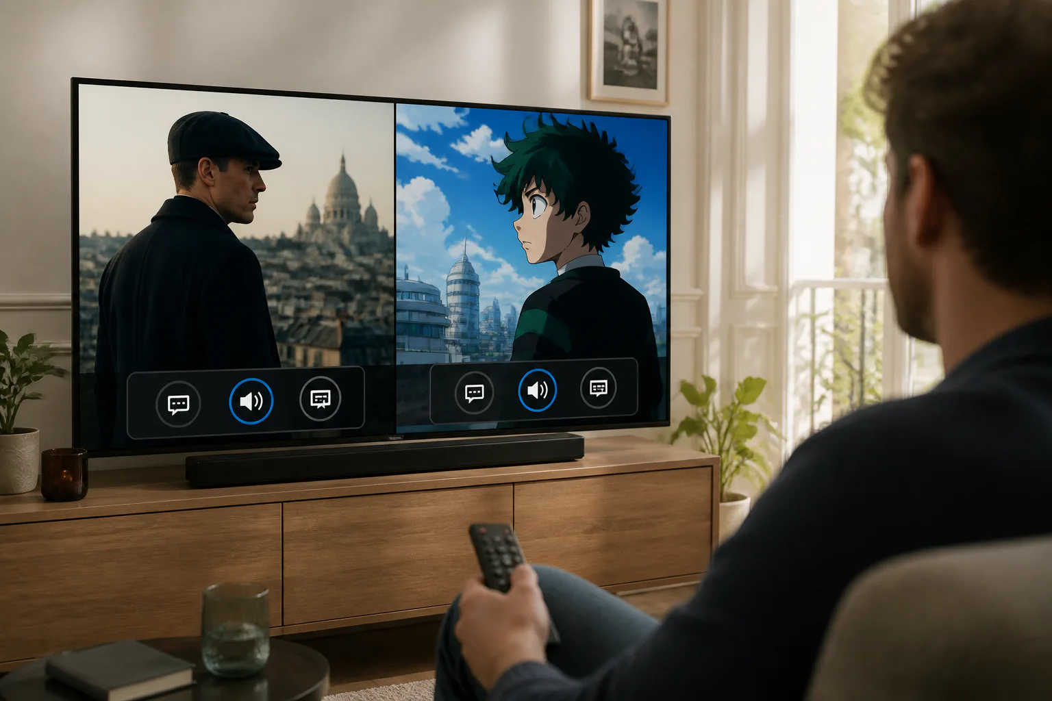 Viewer watching split-screen TV with subtitles