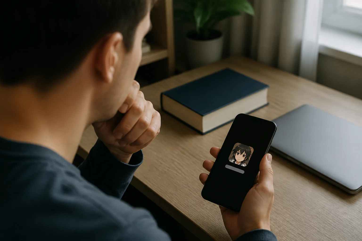 Person viewing anime avatar on smartphone