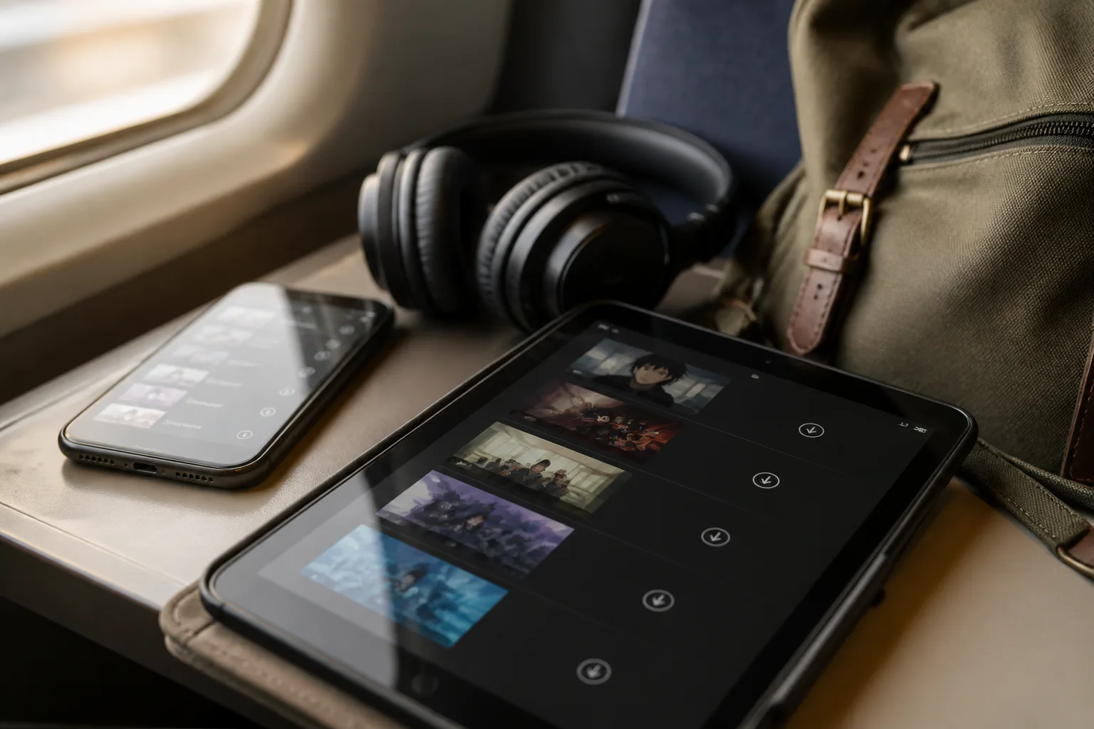 Tablet, phone, and headphones on an airplane