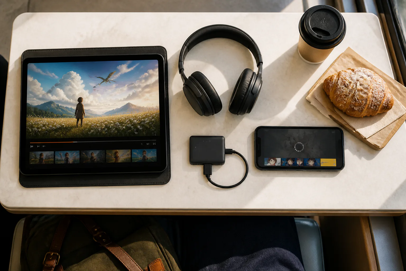 Tablet, headphones, phone, coffee, and pastry