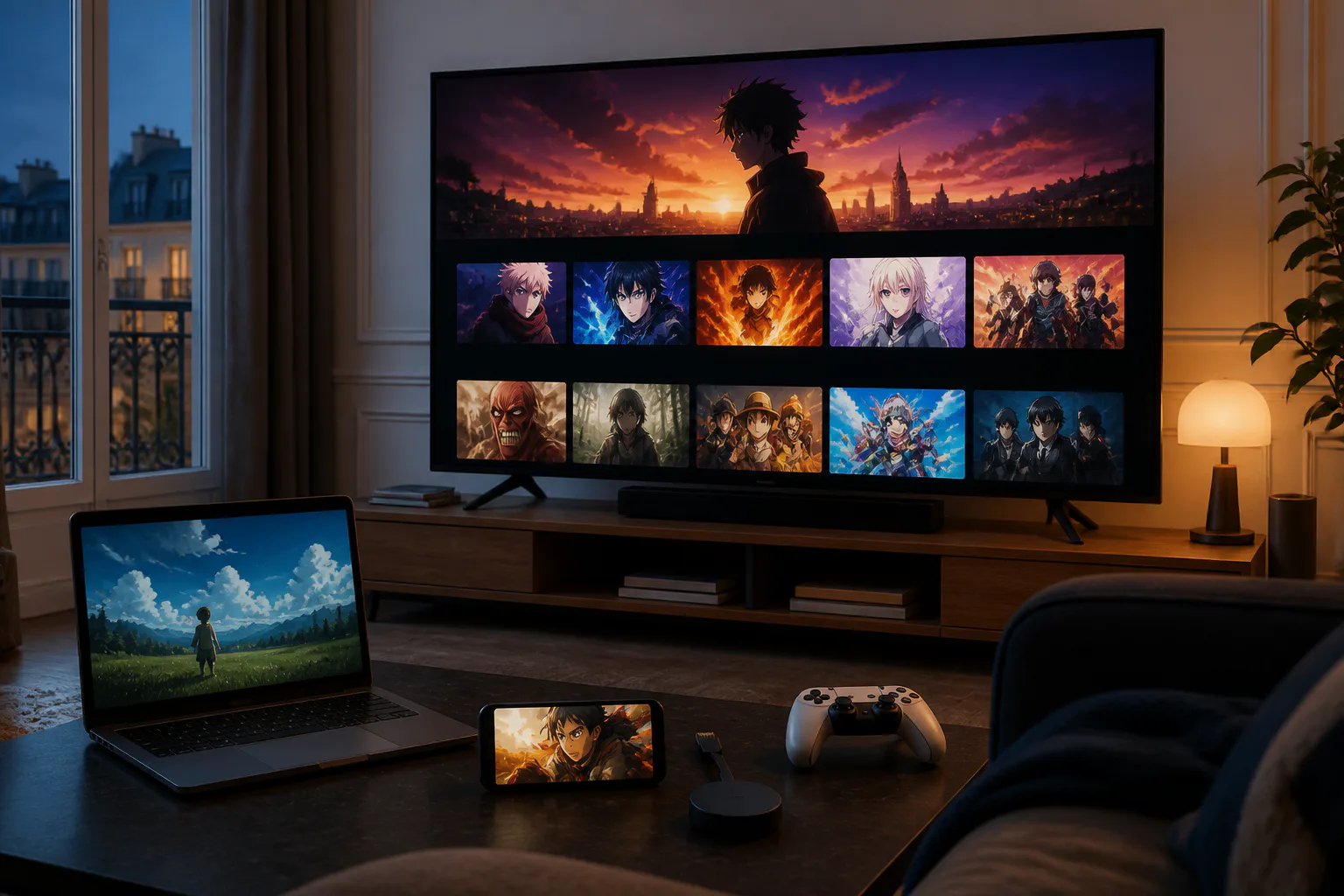 Anime streaming setup on TV, laptop, and phone