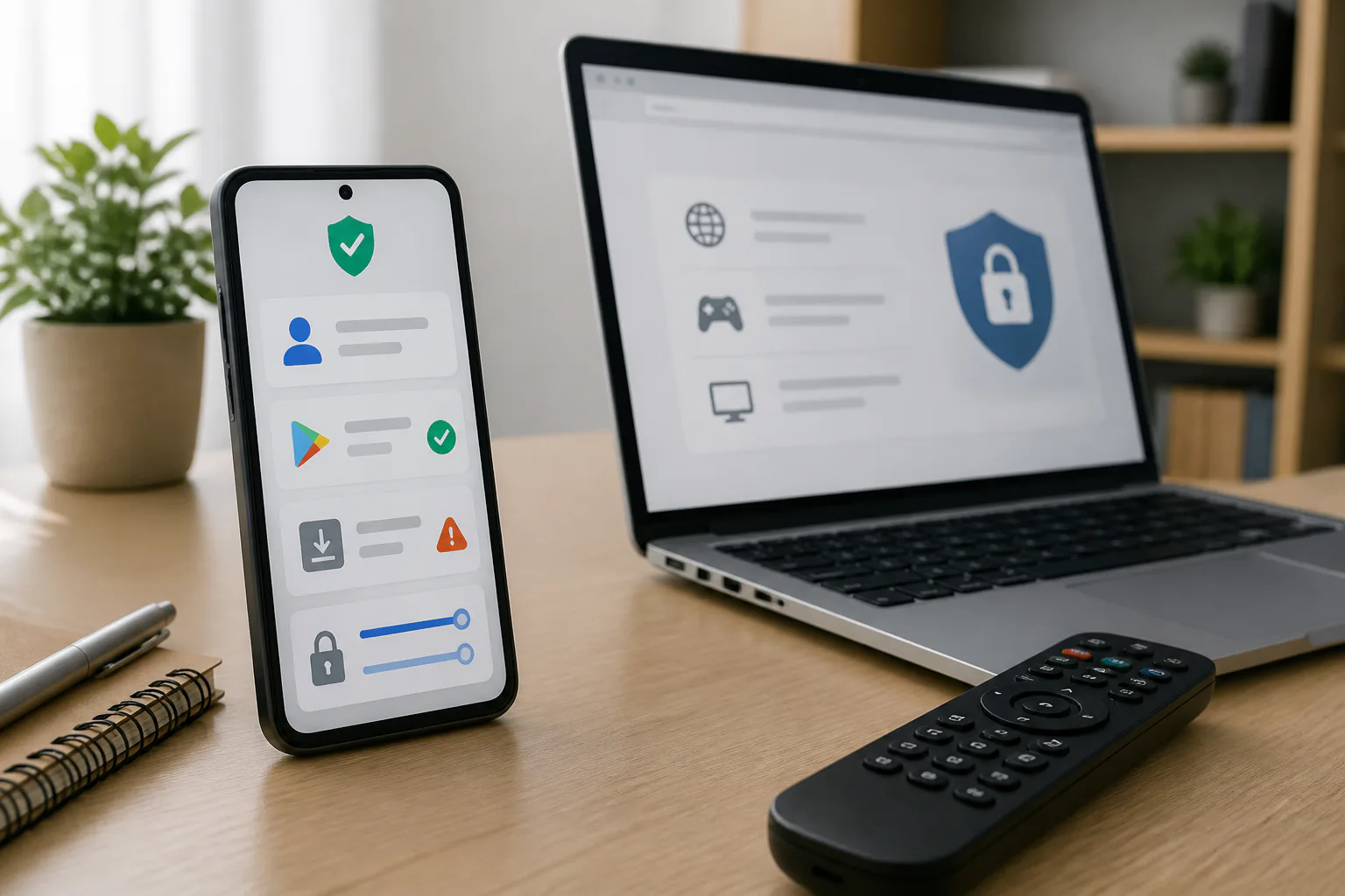 Smartphone and laptop showing security icons