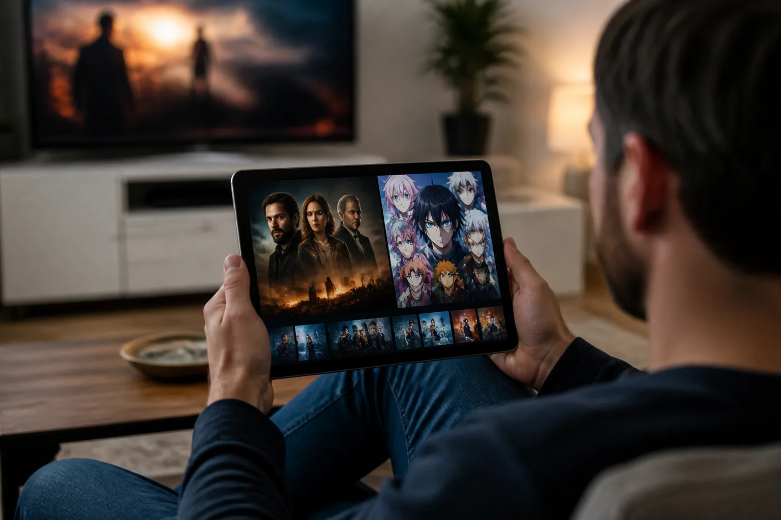 Person browsing shows on a tablet