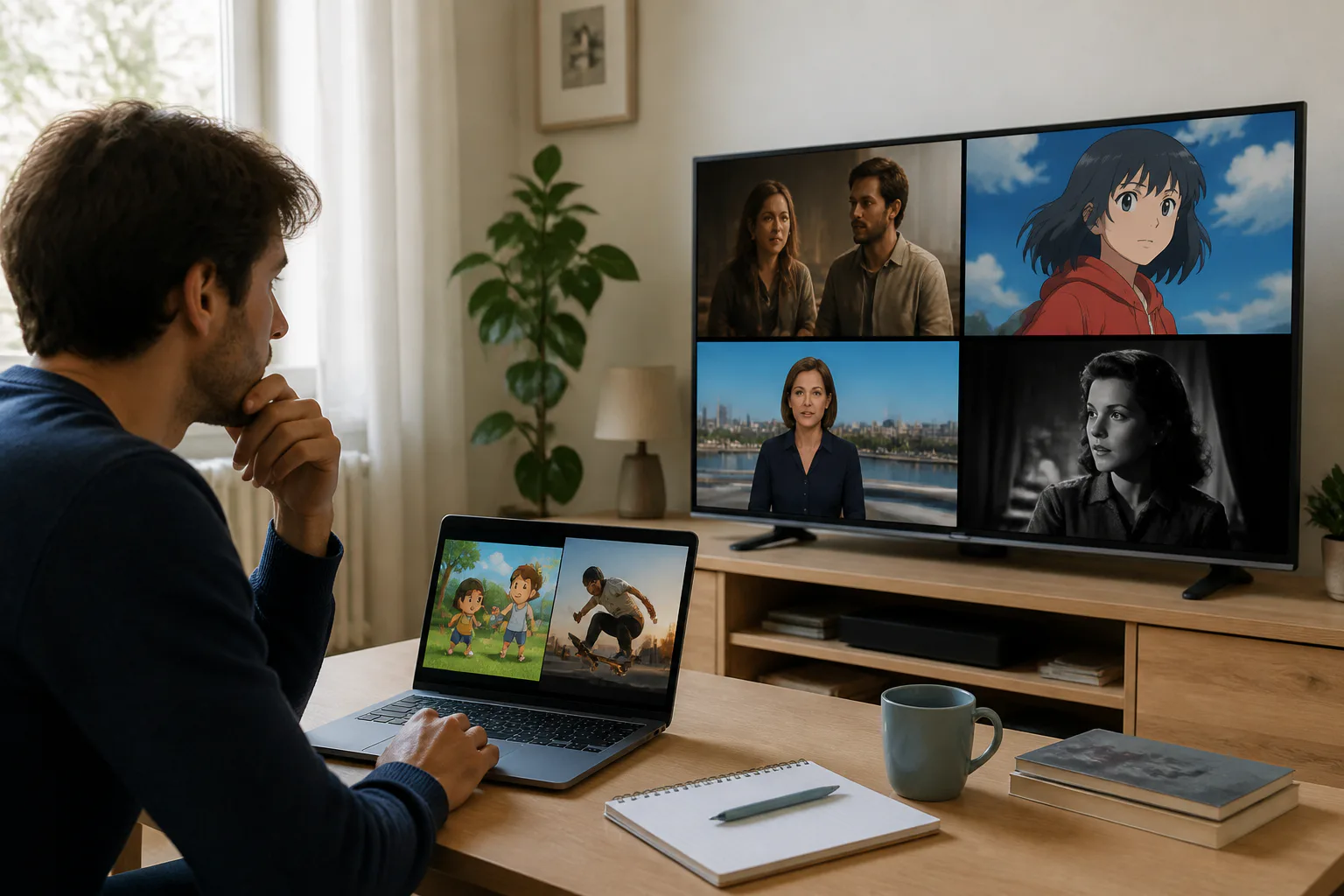 Person viewing multiple screens at home