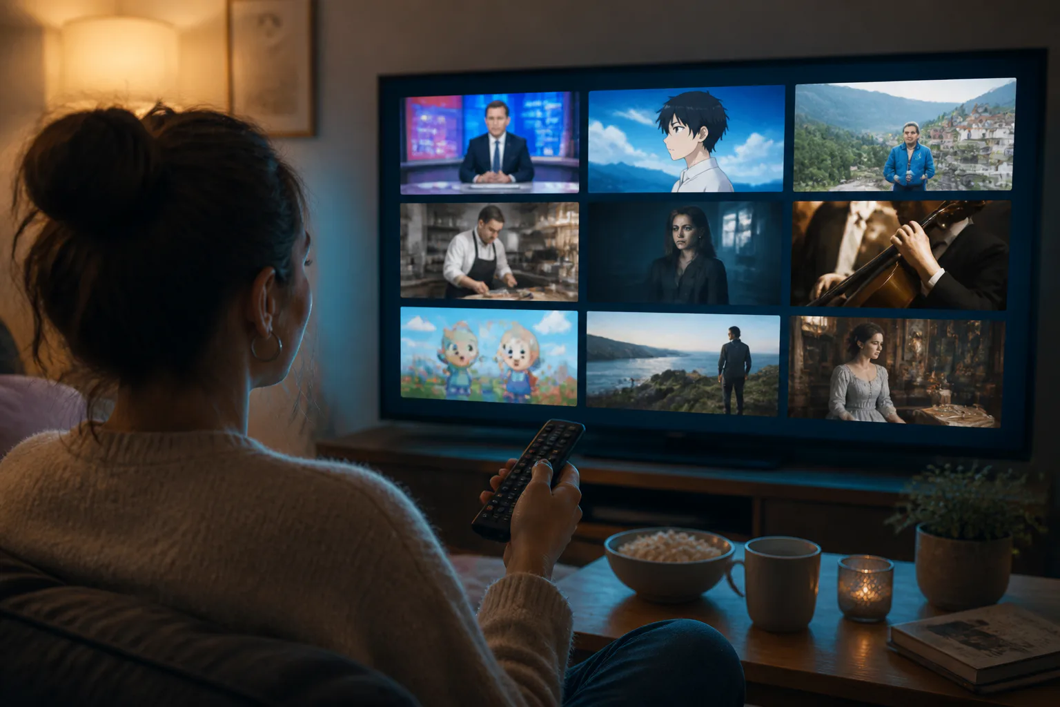 Person watching a multi-screen TV with remote