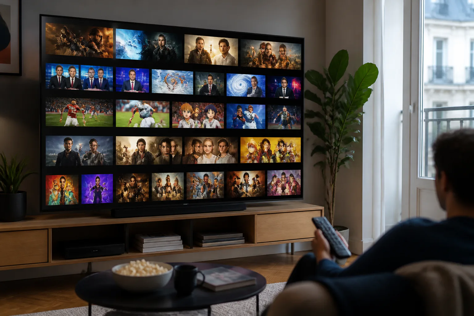 Person watching a TV collage of shows
