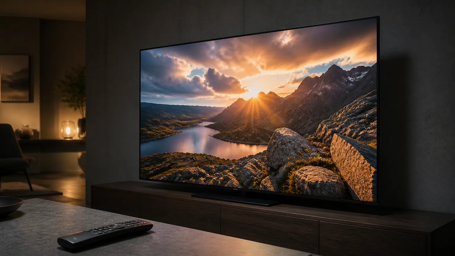Television displaying a mountain lake sunset