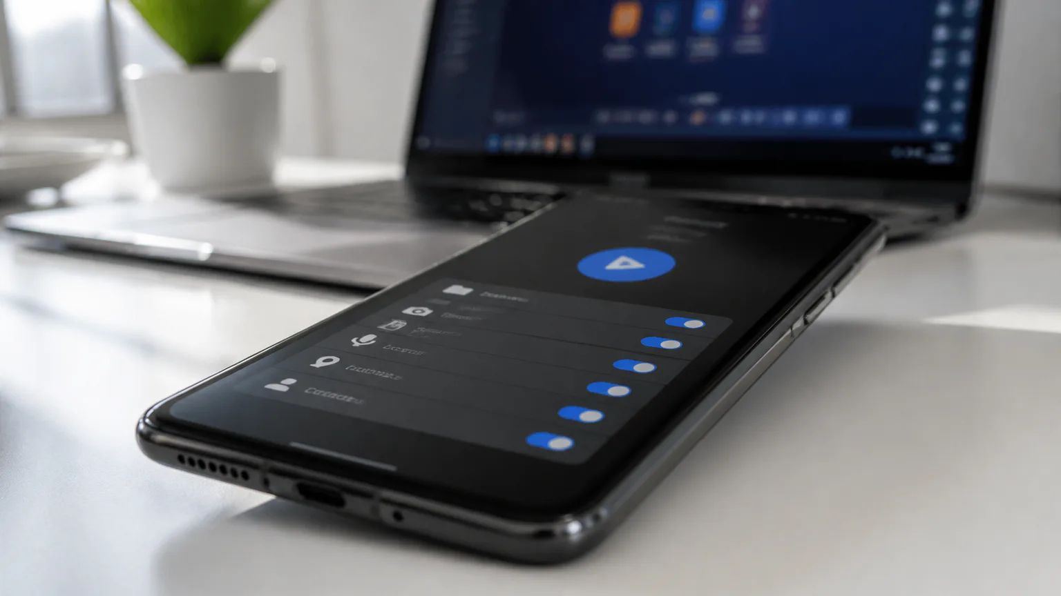 Smartphone showing settings beside laptop