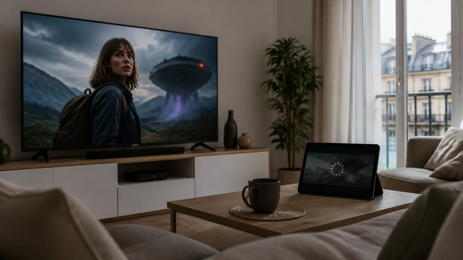 Living room with TV and tablet streaming
