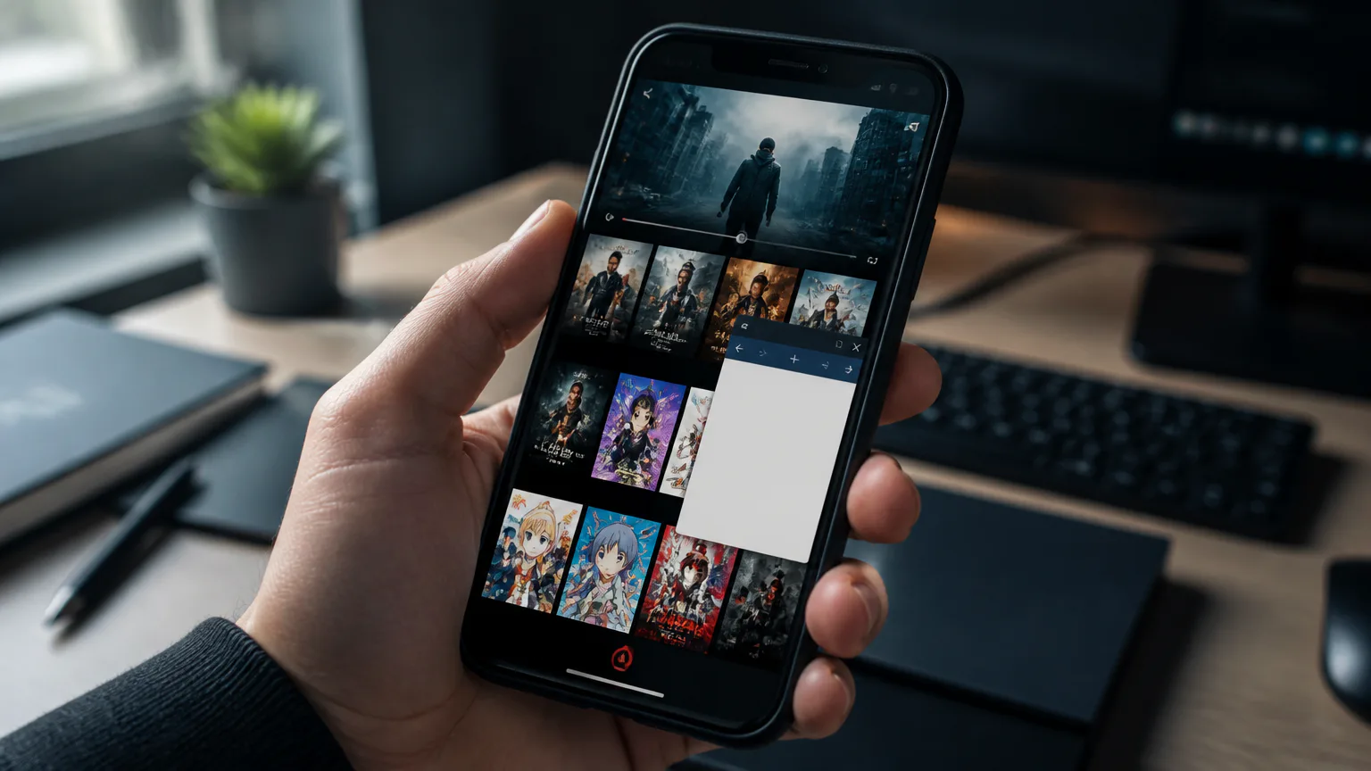 Hand holding phone displaying a streaming app