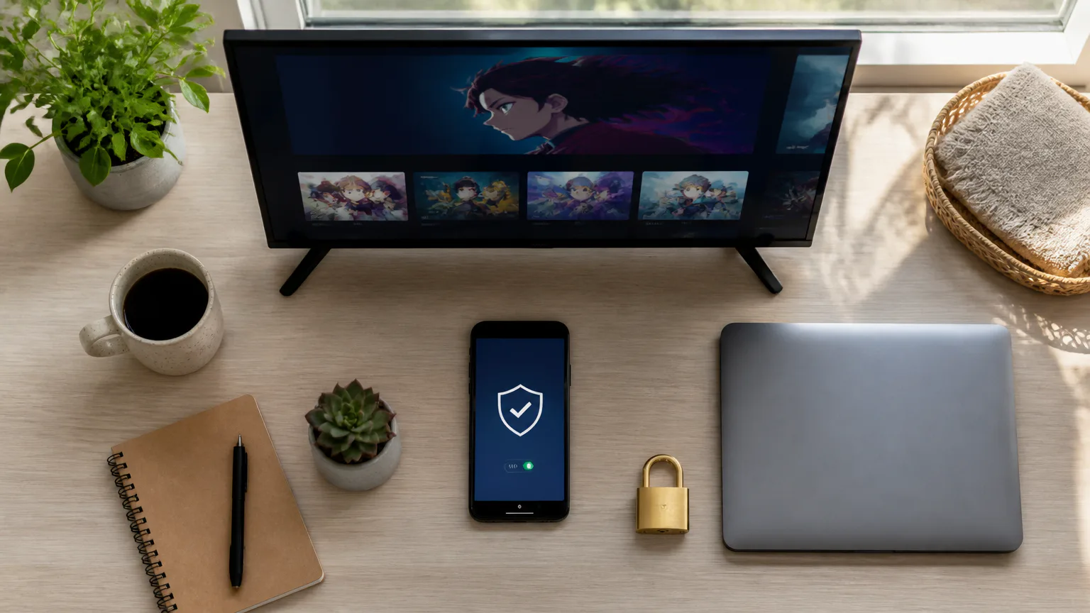 Devices and padlock arranged on a desk