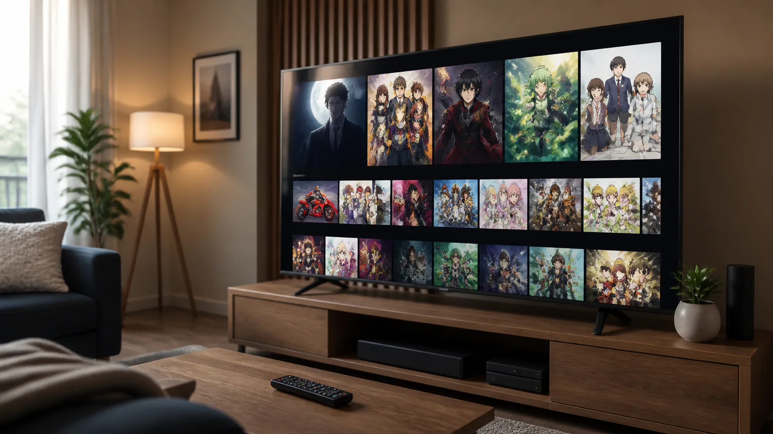 TV displaying a gallery of anime artwork
