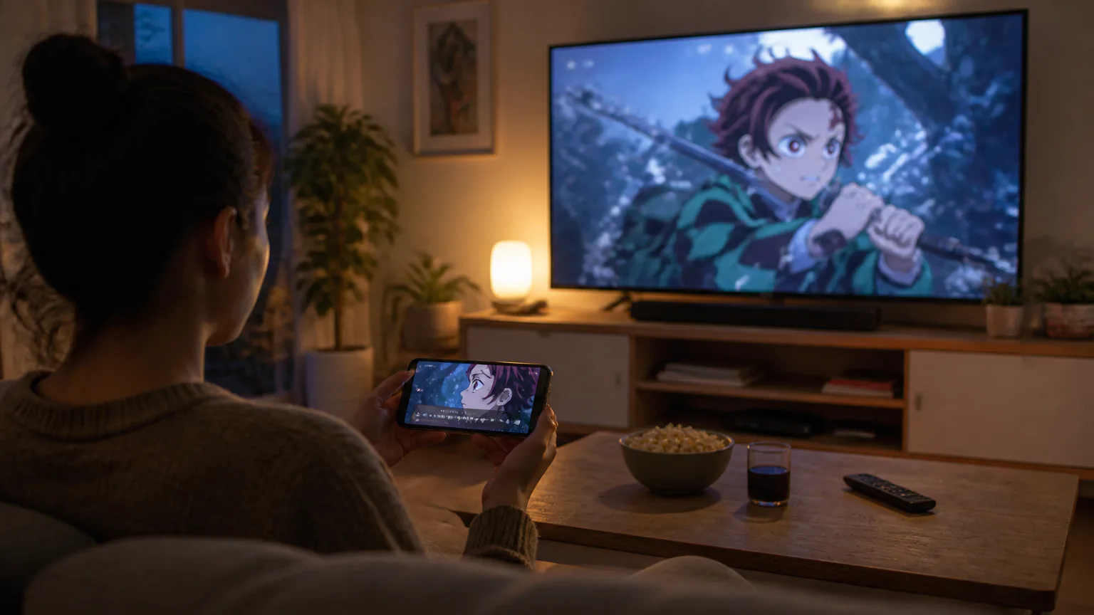 Person watching anime on TV and phone