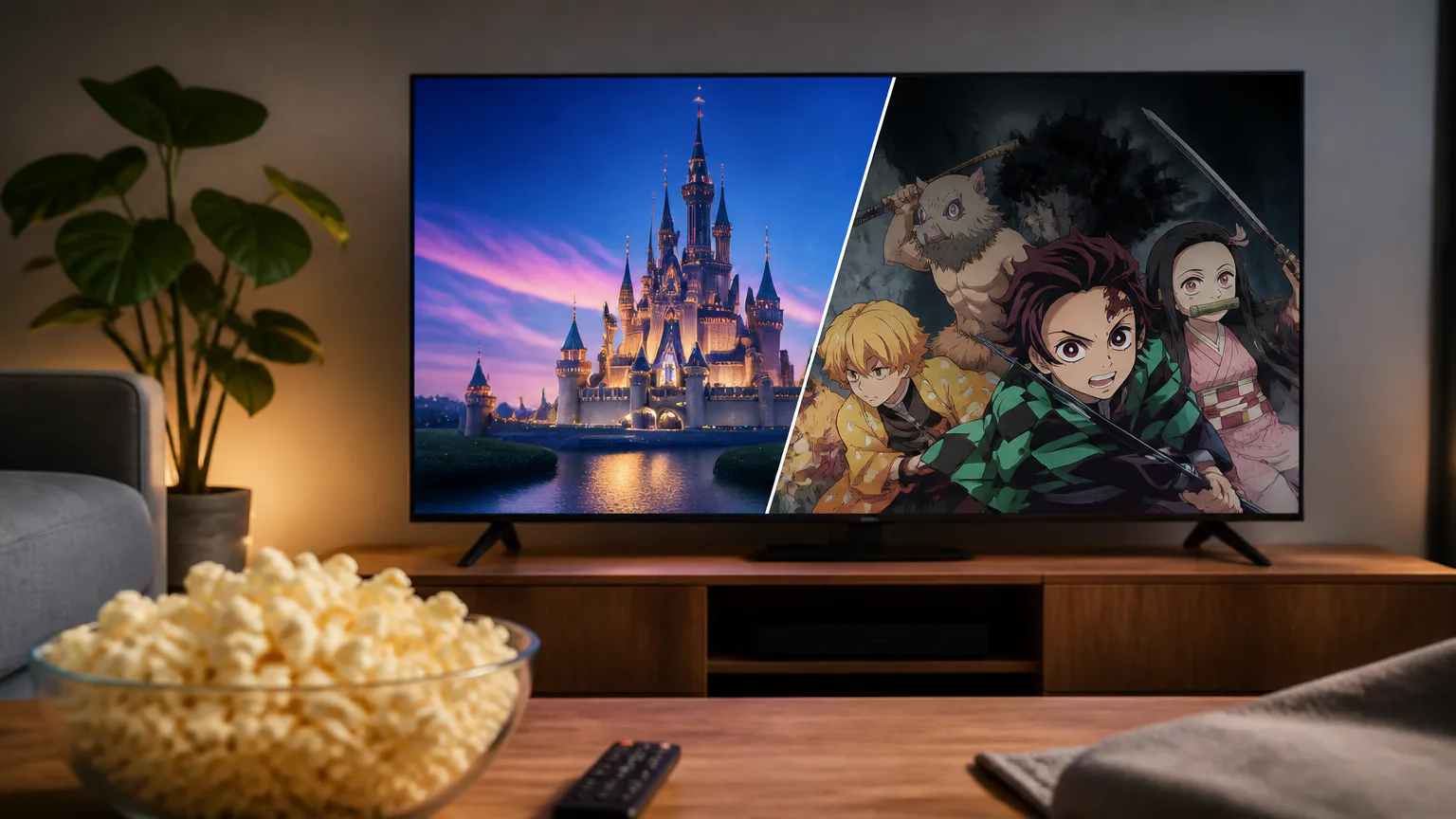 TV displaying a castle and anime characters