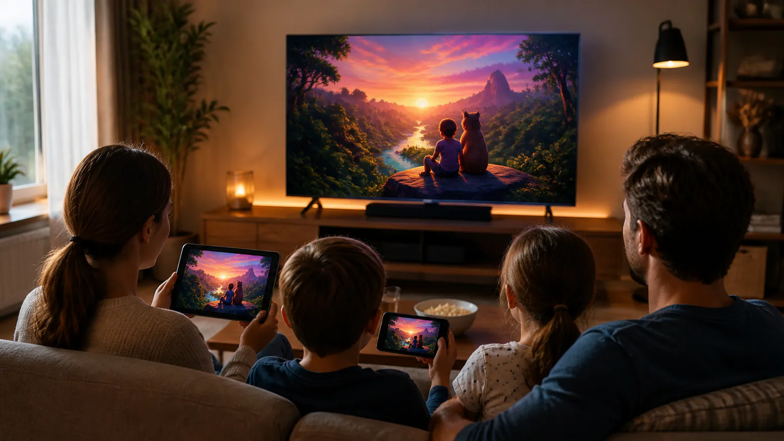 Family watching a sunset story on screens