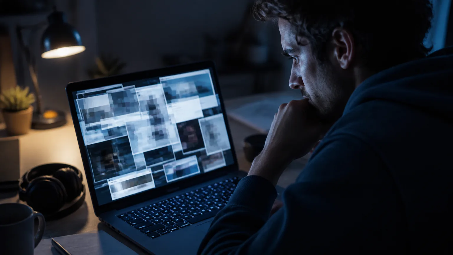 Man studying a laptop in a dark room