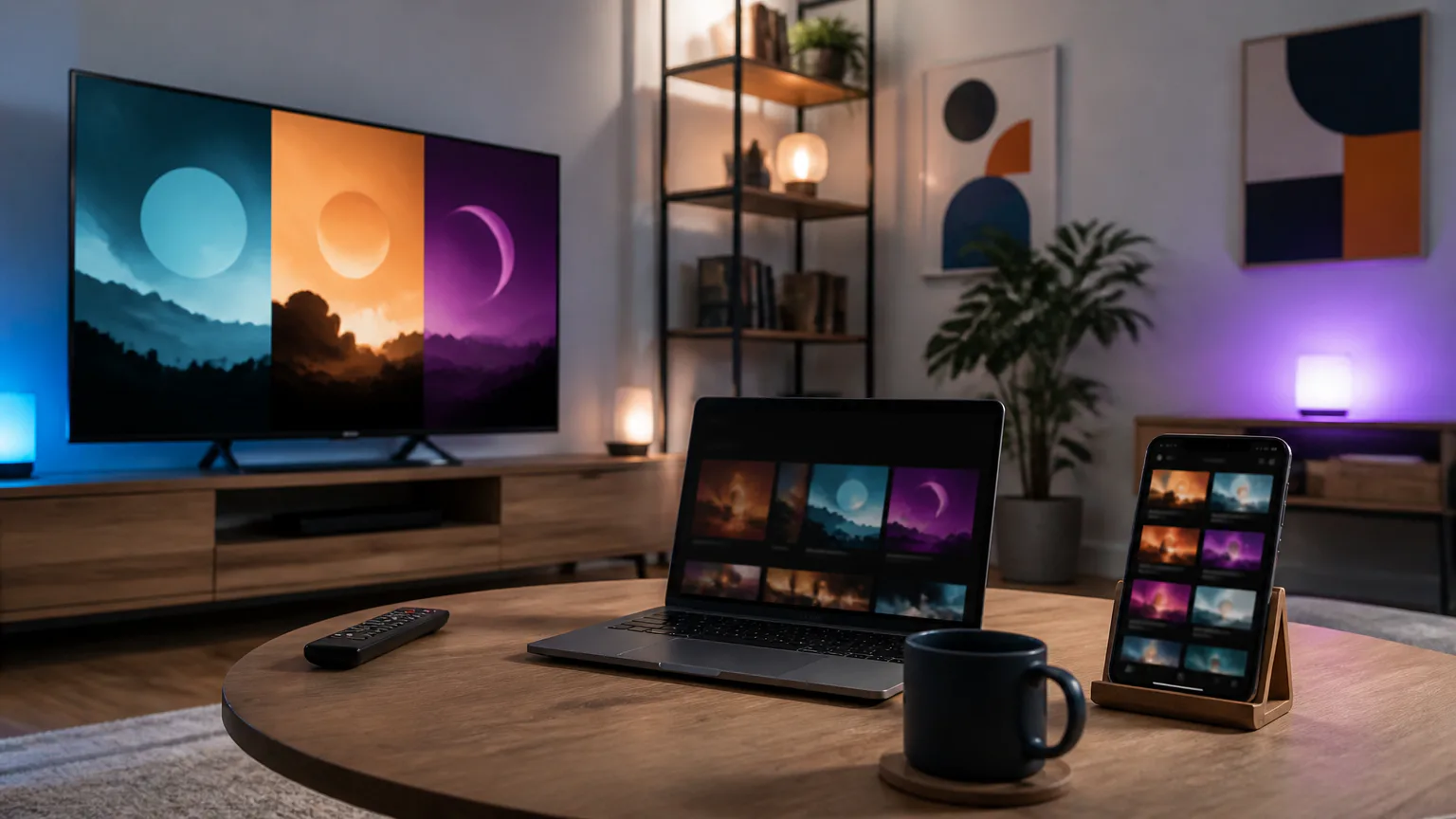 Home entertainment setup with screens and devices