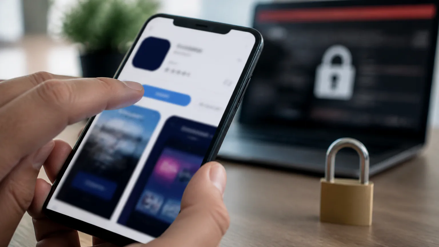 Phone displaying security app beside padlock